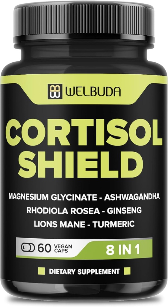 8in1 Escudo de Cortisol - Ashwagandha y Magnesio, Rhodiola Rosea, Lions Mane, Gingsen y 3 Más - Relajación & Restablecimiento de la Noche Soporte & Mood Balance - 60 Cuenta