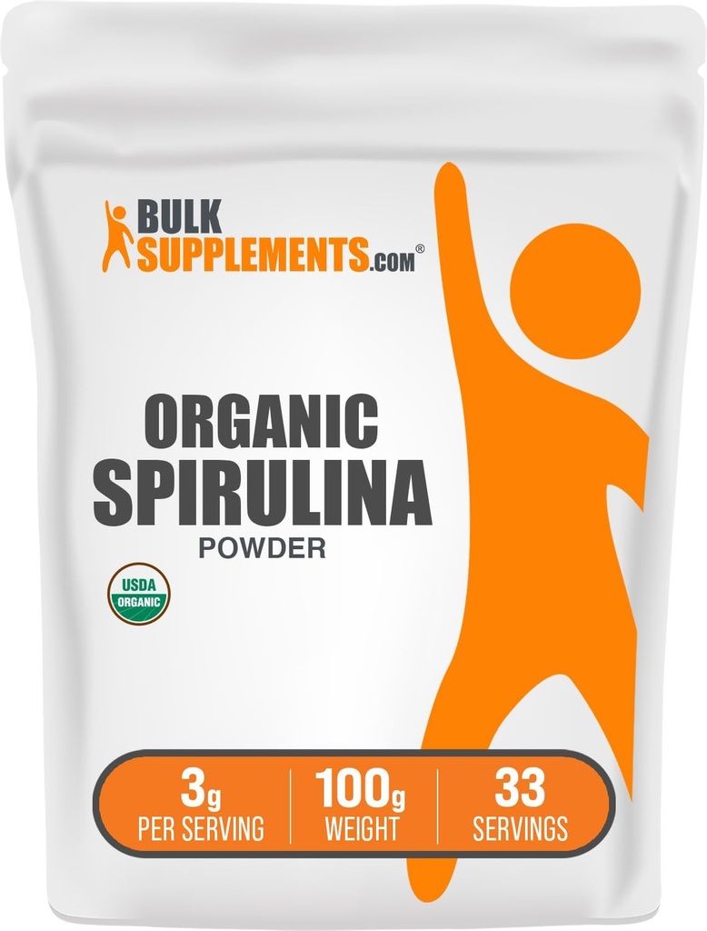 BulkSupplements.com Pólvora Espirulina Orgánica - Superalimentos, Pólvora Espirulina Verde, Suplemento Herbal - Vegan-Friendly, 3g por Serving, 100g (3.5 oz) (Pack of 1)
