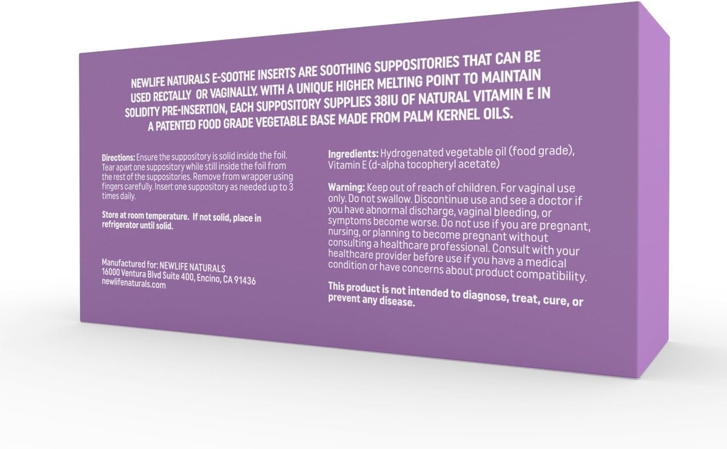 NewLife Naturals Vitamin E Suppositories for Women 38IU - All Natural Vaginal Moisturizer - Feminine Care for Dryness, Irritation, Menopause, Postpartum, Hormonal Changes & More - 48 Inserts, USA