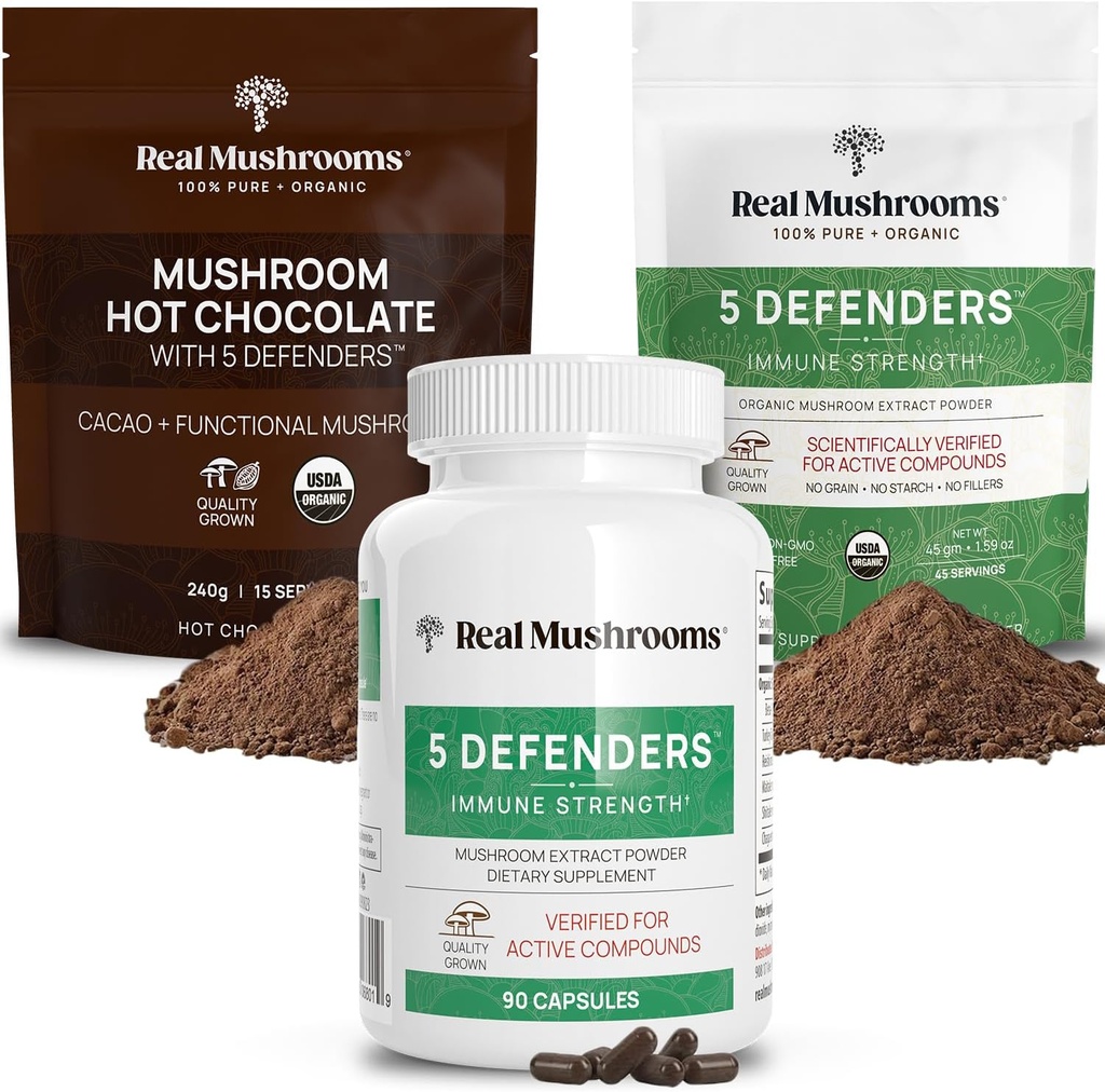 Real Mushrooms Hot Chocolate Mix (15srv), 5 Defenders Extract Powder (45srv), " 5 Defenders Supplements (90ct) Bundle to Support Immunity & General Wellbeing - Gluten-Free, Non-GMO, Vegan