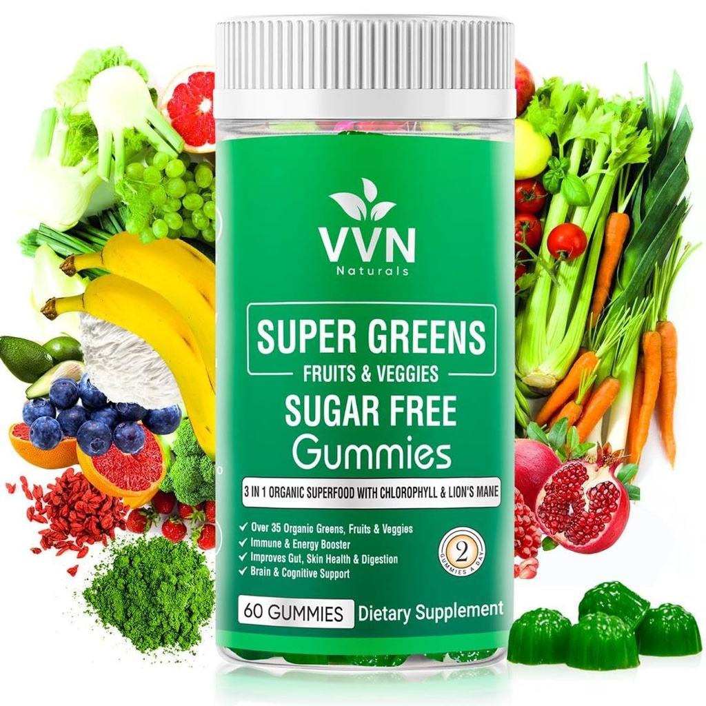 Frutas Ecológicas Reales Libres de Azúcar, Super Verdes y Gummies Veggies Nutritious &amp; Healthy Greens, Fruits, and Vegetables for Improved Immunity, Skin Health & Energy Boost durable60 Vegan Gummies