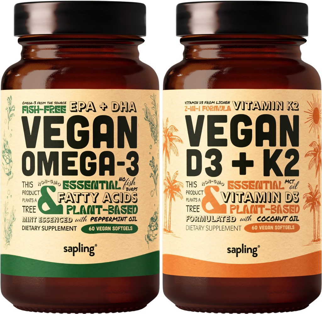 Vegan Omega 3 & Vegan Vitamina D3 + K2 Suplemento Bundle - Planta base DHA &amp; EPA ácidos grasos, 4000 UI Vitamina D3 y 100mcg Vitamina K2 como Mk7