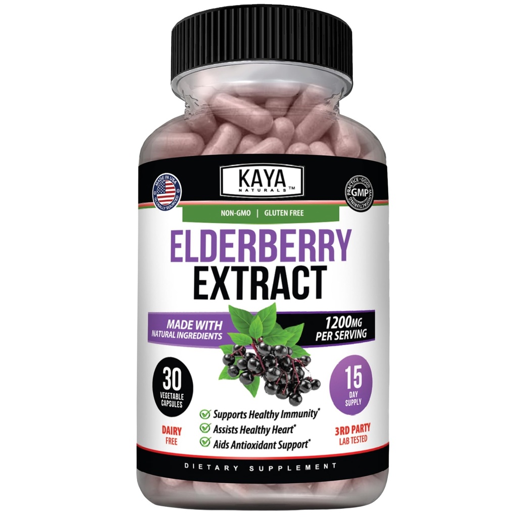 Kaya Naturals Elderberry Immune Support - Elderberry Extract, Rich Antioxidant Premium Vitaminas, 1200 mg Immune System Booster Sambucus Capsules - 30 Conde