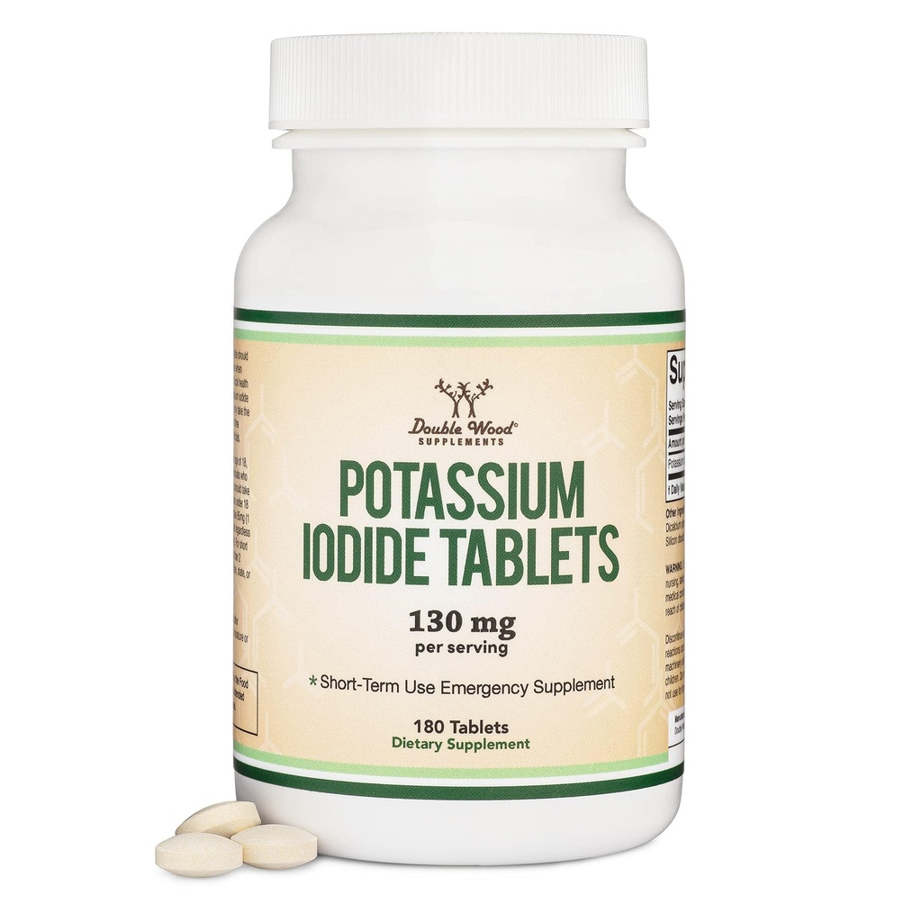 Potasio Iodide 130mg Tablas - Uso de emergencia para la exposición - 180 Cuenta, 3 Mes Fuente - Suplementos de madera doble