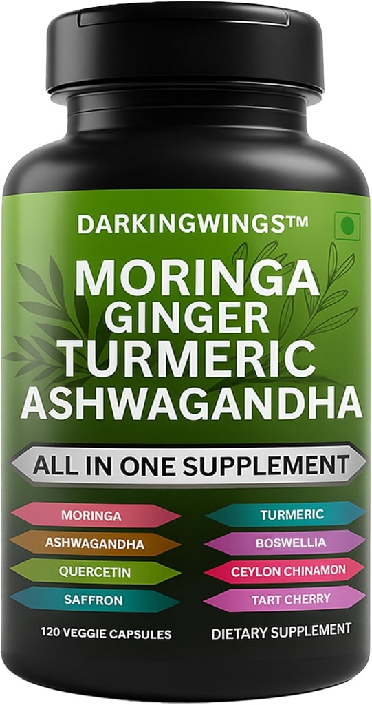 Turmeric Curcumin Moringa Suplemento Ginger Boswellia Saffron - Suplementos de Apoyo Conjunto para Mujeres y Hombres con Ceylán Cinnamon, Tart Cherry, Quercetin Garlic Nettle Holy Basil - 120 Conde