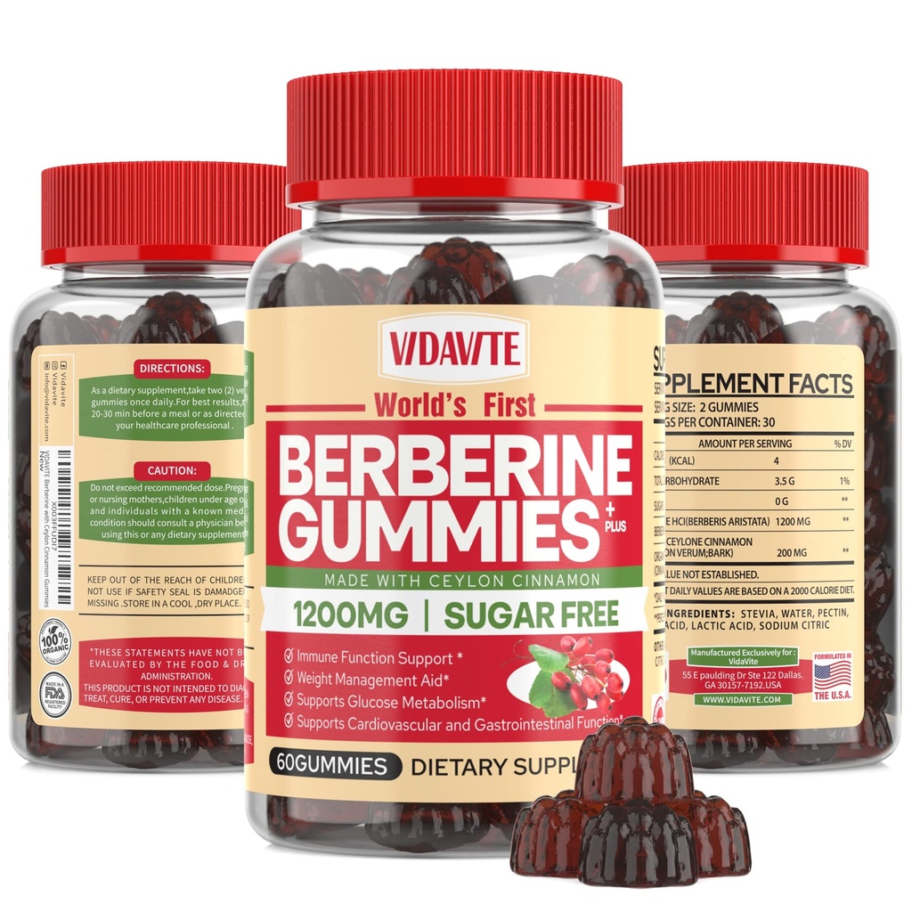 Berberina con gomas de canela de Ceylán — sin azúcar, 98% Pura &amp; 10x Absorción — 1200 mg HCL Suplemento de bereberina orgánica para la gestión del peso, inmunidad, metabólico " salud digestiva(30 días)