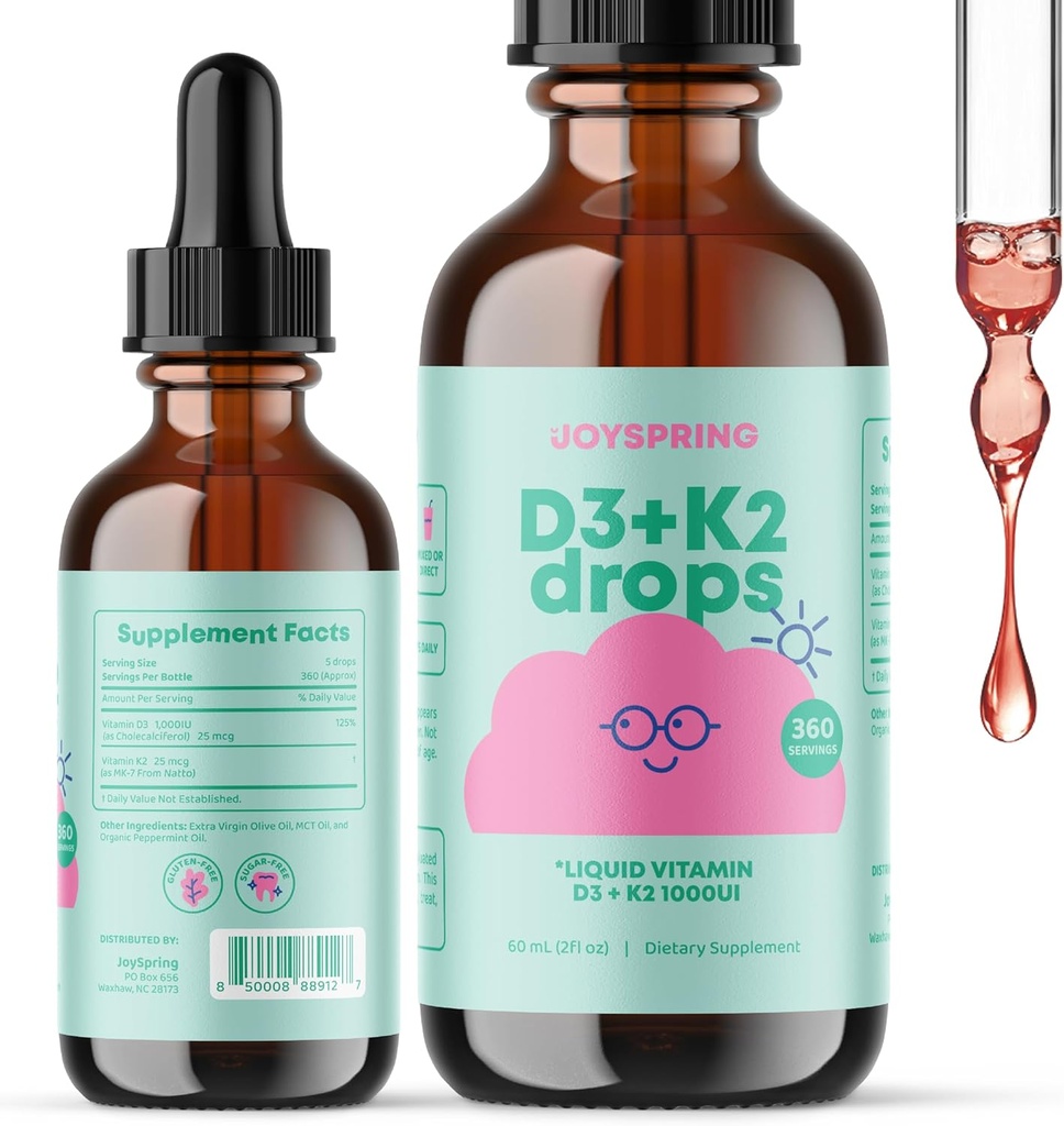 JoySpring Vitamin D Drops for Toddlers to Support Growth, Bone, and Immune Health, Kids Zinc Supplements - Elderberry with Zinc Liquid and Daily Complex B Vitaminas con Vitamina B2, B6, B12 y B5