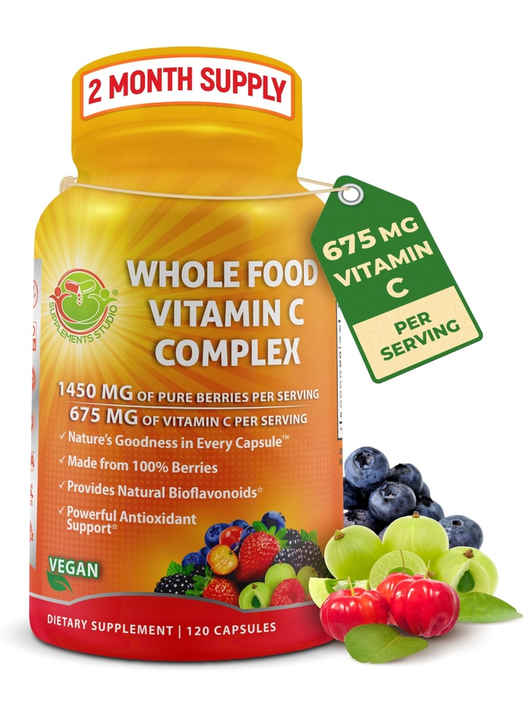 Complejo completo de vitamina C - 1450 mg de bayas orgánicas - 675 mg de vitamina C por ser, antioxidante de alta potencia &amp; inmunológico Apoyo con Acerola, Amla y Bioflavonoides naturales - Vegano, No GMO, 120 Conde
