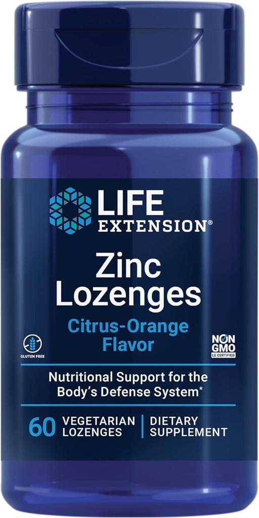 Extensión de la vida Zinc Lozenges – Sabor de Citrus-Orange – para la síntesis saludable de proteínas & salud inmunitaria - Suplemento de gestión de la inflamación - Gluten-Free, Non-GMO – 60 Lozenges vegetarianos