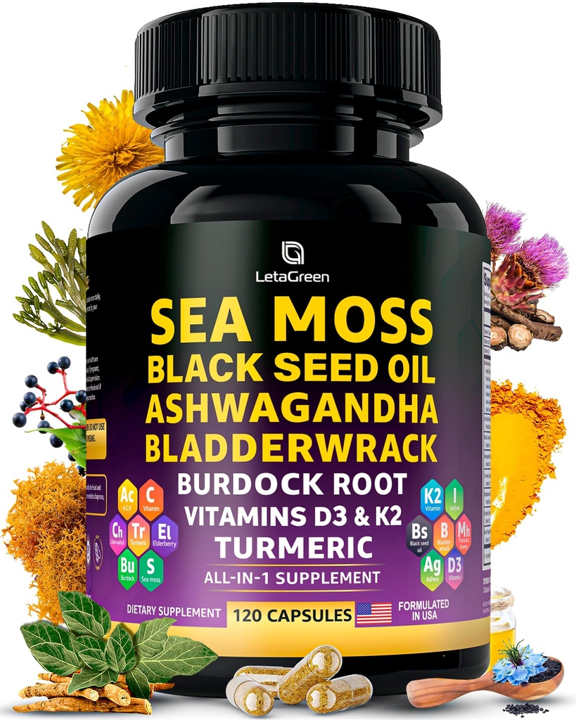 Sea Moss Capsules – 17 en-1 Blend con aceite de semilla negra Ashwagandha Bladderwrack Burdock Root Turmeric Vitamina D3 K2 C para el bienestar diario – Suplemento multimineral para hombres y mujeres – 120 Conde
