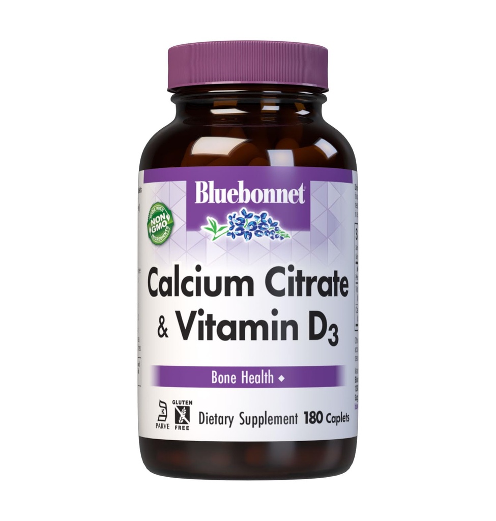 Citrato de calcio de Bluebonnet con vitamina D3 - Salud de los huesos diarios &amp; Strength Plus Immune Support* 1000mg Suplemento de calcio para hombres de mujer - no Gluten-Free - 180 caplets