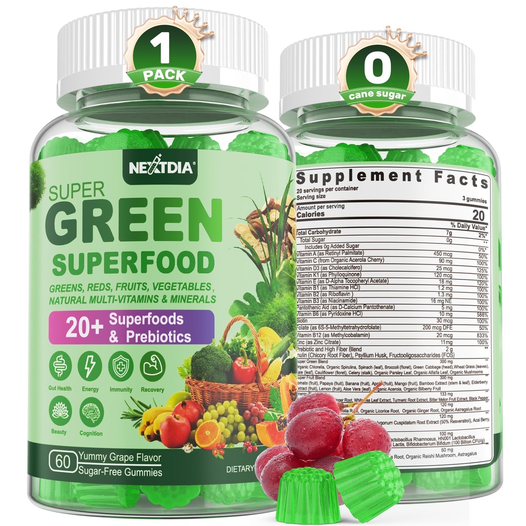 Super Greens Gummies, Verdes Superfood Powder Alternativa w/Spirulina, Clorella, Fibra Prebiótica, Probiótico, Fruta Veggie, Verdes Digestivos " Salud Gut, Inmunity, Focus, 60 Cts