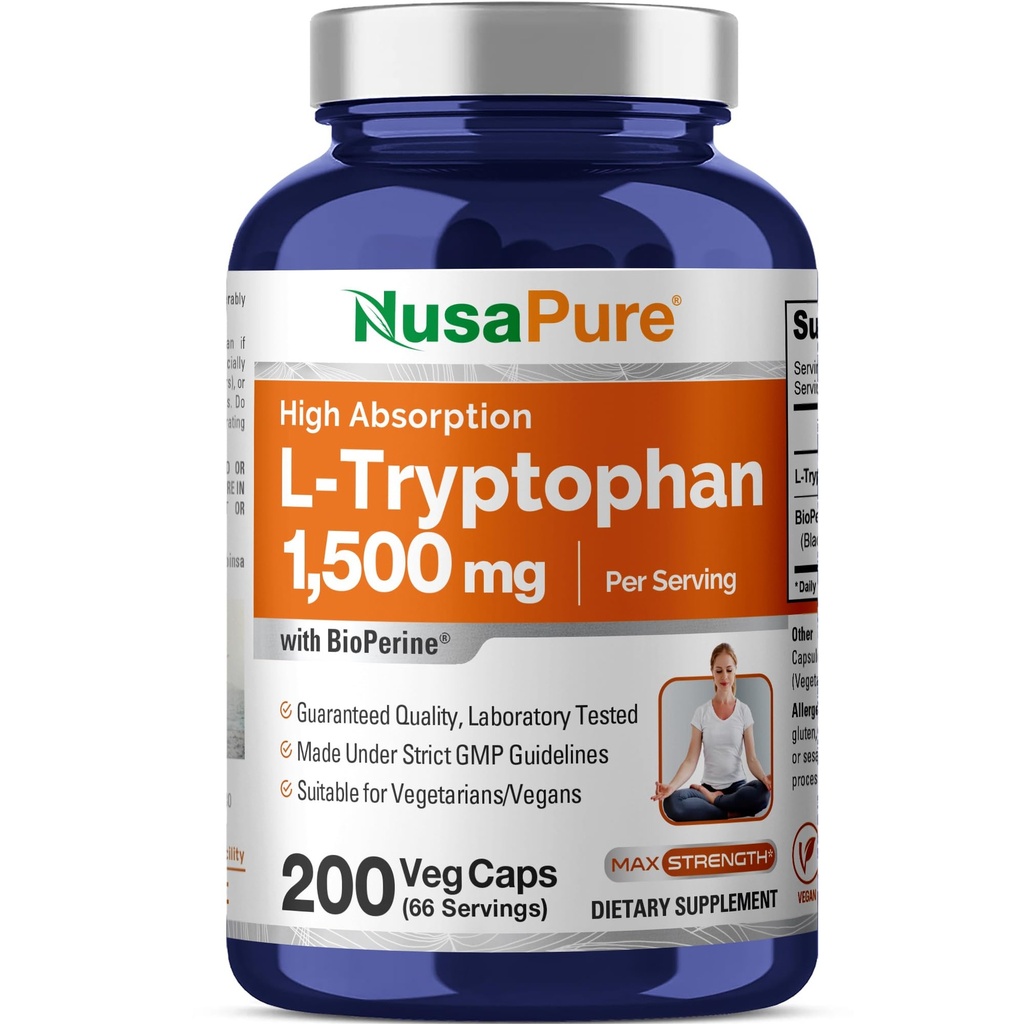 NusaPure L-Tryptophan 1500mg 200 Vegetarian Caps (No-GMO, Vegan) Bioperina