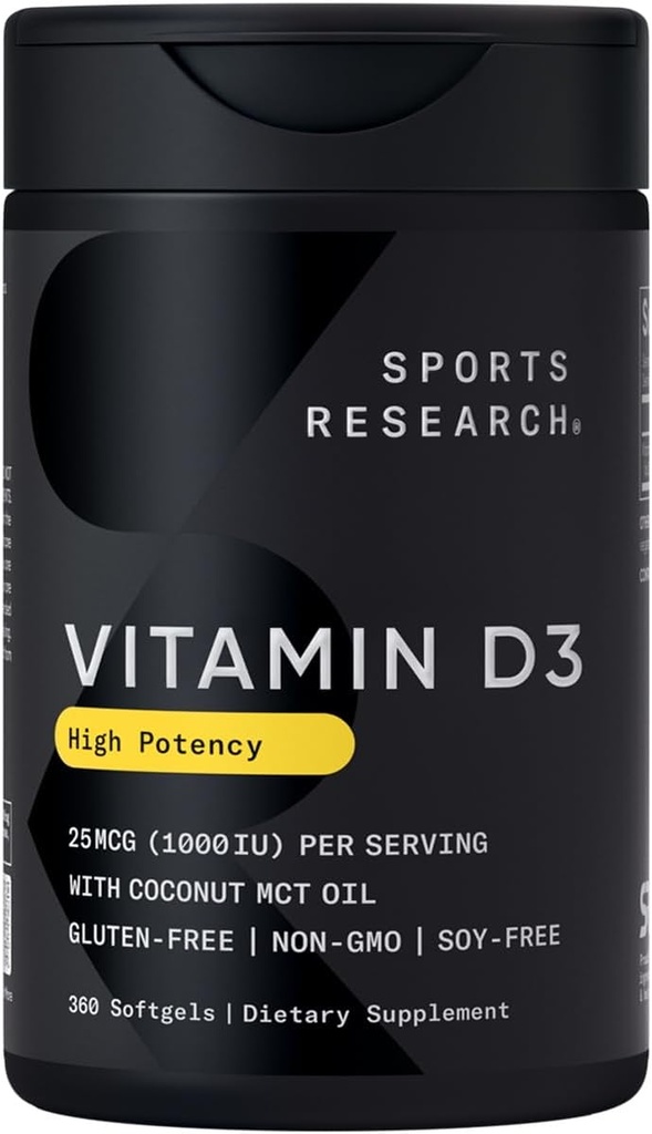 Investigación Deportiva Vitamina D3 1000iu (25mcg) Infundida con aceite de coco ~ Immune & Bone Support ~ Non-GMO Verified, Soy & Gluten Gratis (360 Mini Liquid Softgels)
