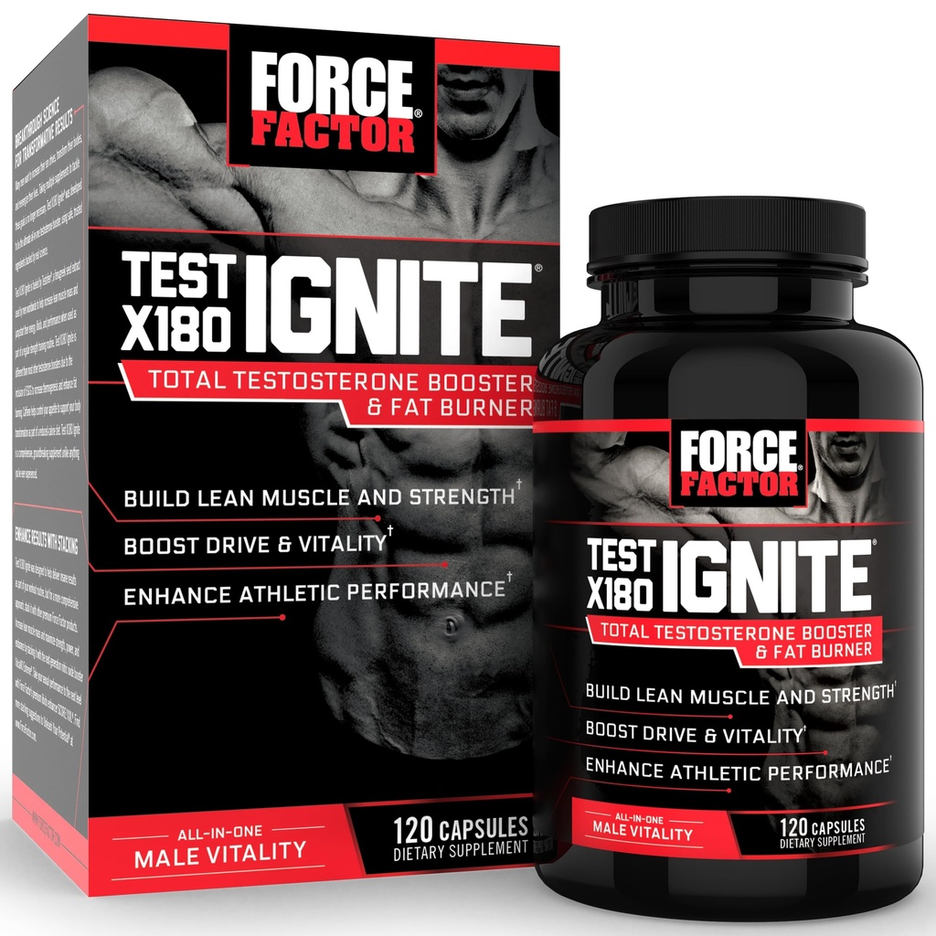 Prueba de factor de fuerza X180 Ignite Booster de testosterona total para hombres con semillas fenugreek y té verde Extracto para construir músculo magro, energía de boosto, y mejorar el rendimiento, 120 cuenta