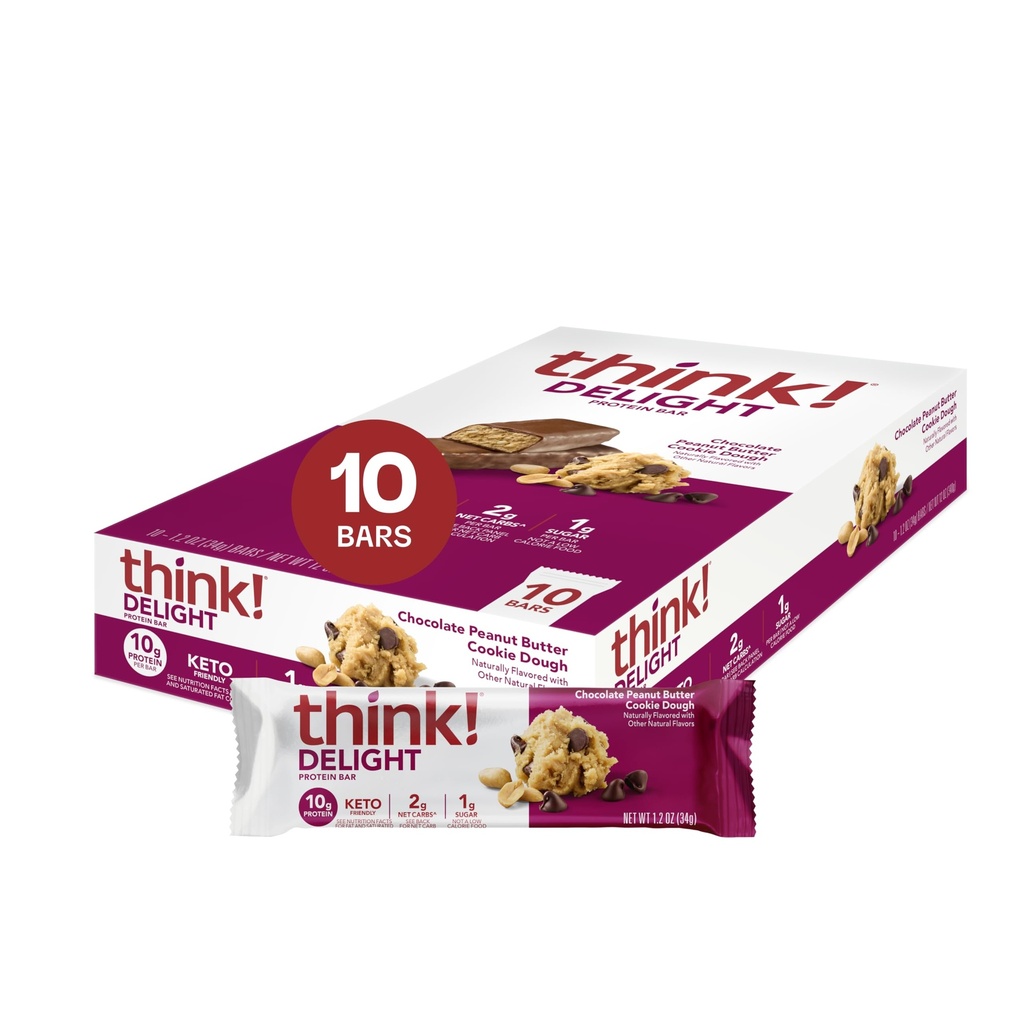 ¡Piensa! Delight, Keto Protein Bares, Healthy Low Carb, Gluten Free Snack - Chocolate Peanut Butter Cookie Dough, 10 Cuenta (Packaging May Vary)