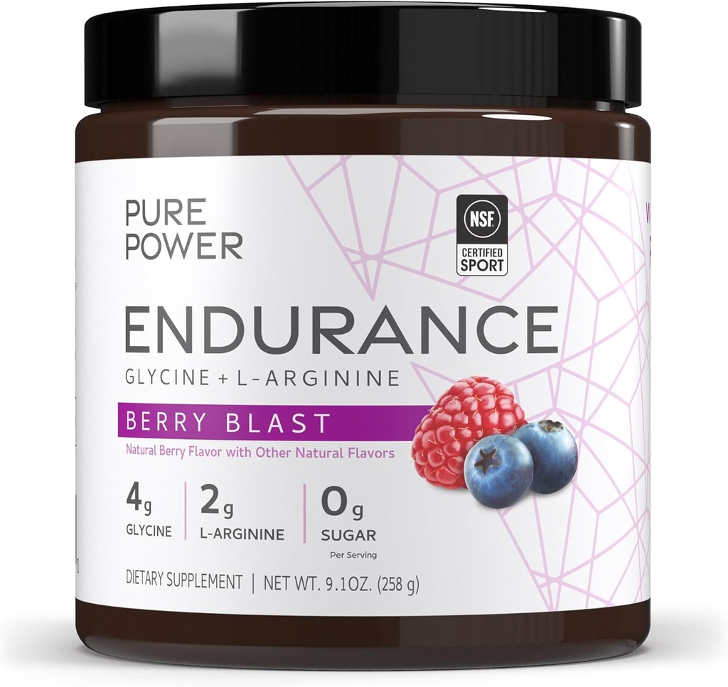 Pólvora de resistencia pura, Sabor de la blusa de Berry, 9.1 oz (258 g), 30 Serviciones, 4 g de Glycine, 2 g de L-Arginine, 0 g de Azúcar, No GMO, NSF certificado para el deporte, Dr. Mercola
