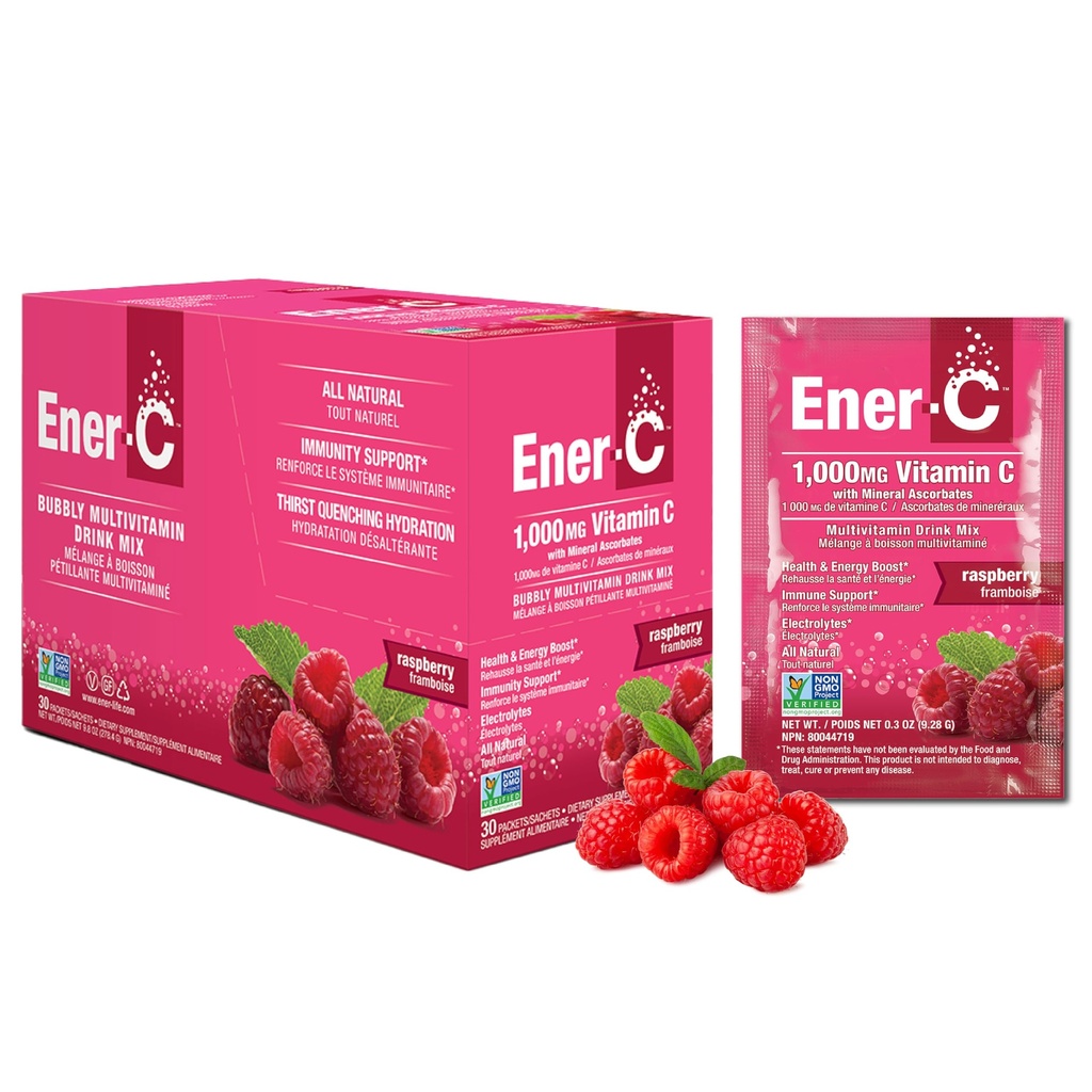 Ener-C Raspberry Multivitamin Drink Mix Powder Vitamin C 1000mg &amp; Electrolytes with Real Fruit Juice Natural Energy &amp; Immune Support for Women &amp; Men - Non-GMO Vegan & Gluten Free - 30 Count