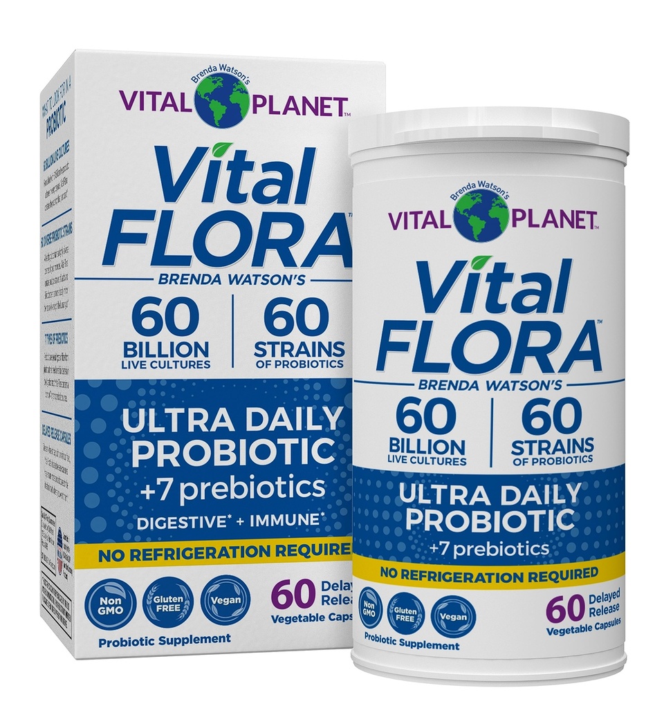Planeta Vital - Vital Flora Ultra Daily Probiótico 60 Billones CFU, 60 Strains Diversos, 7 Prebióticos Orgánicos, Apoyo Inmunitario, Estante de Salud Digestivo Probióticos Estables para Mujeres y Hombres 60 cápsulas