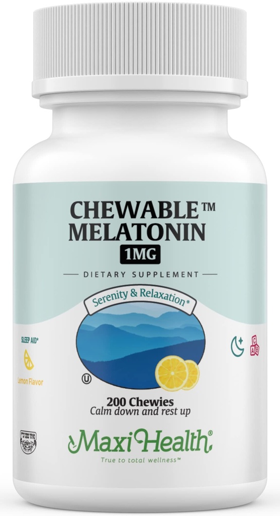 Maxi Health Chewable Melatonin, Kosher Lemon Flavor, Melatonin for Adults &amp; Kids, Natural Aid for Adults &amp; Children, Melatonin Chewables Alternative to Melatonin Gummies Kids Dose, (200 Count)