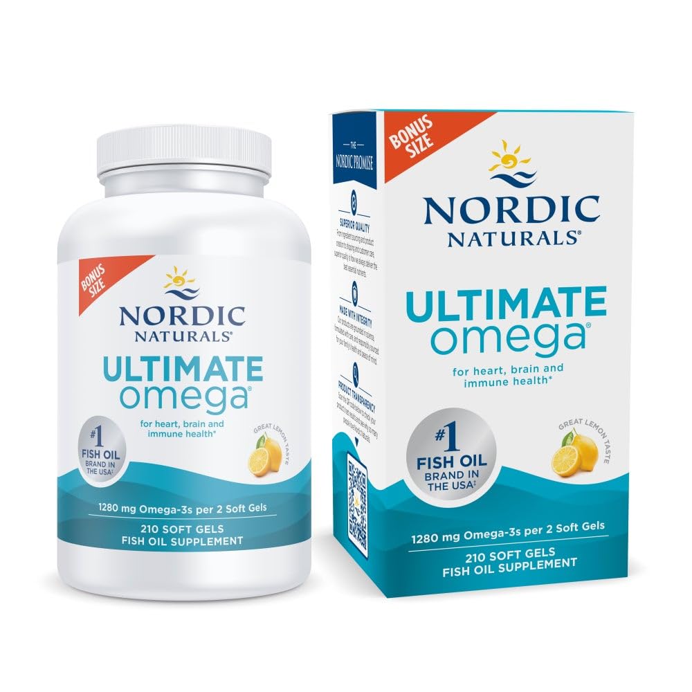 Nordic Naturals Ultimate Omega, Lemon Flavor - 210 Gels Soft - 1280 mg Omega-3 - Aceite de pescado de alta potencia con EPA & DHA - promueve la salud cerebral y cardíaca - No GMO - 105 Servimientos