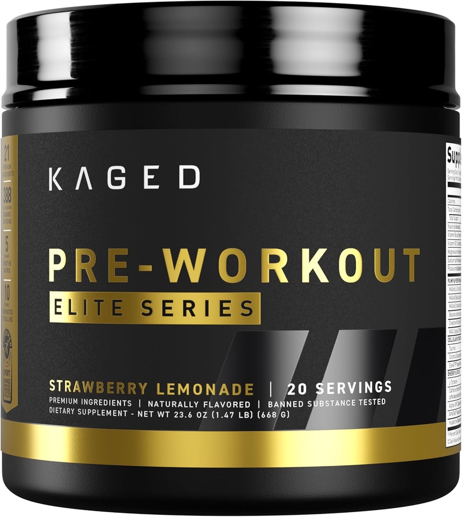 Kaged Pre Workout Elite Powder ← Strawberry Lemonade ← Pre-Workout with Creatine, Beta Alanine, L-Citrulline, BCAAs ← 388 mg Organic Caffeine ← Pre Supplements for Men & Women ← 20 Servings