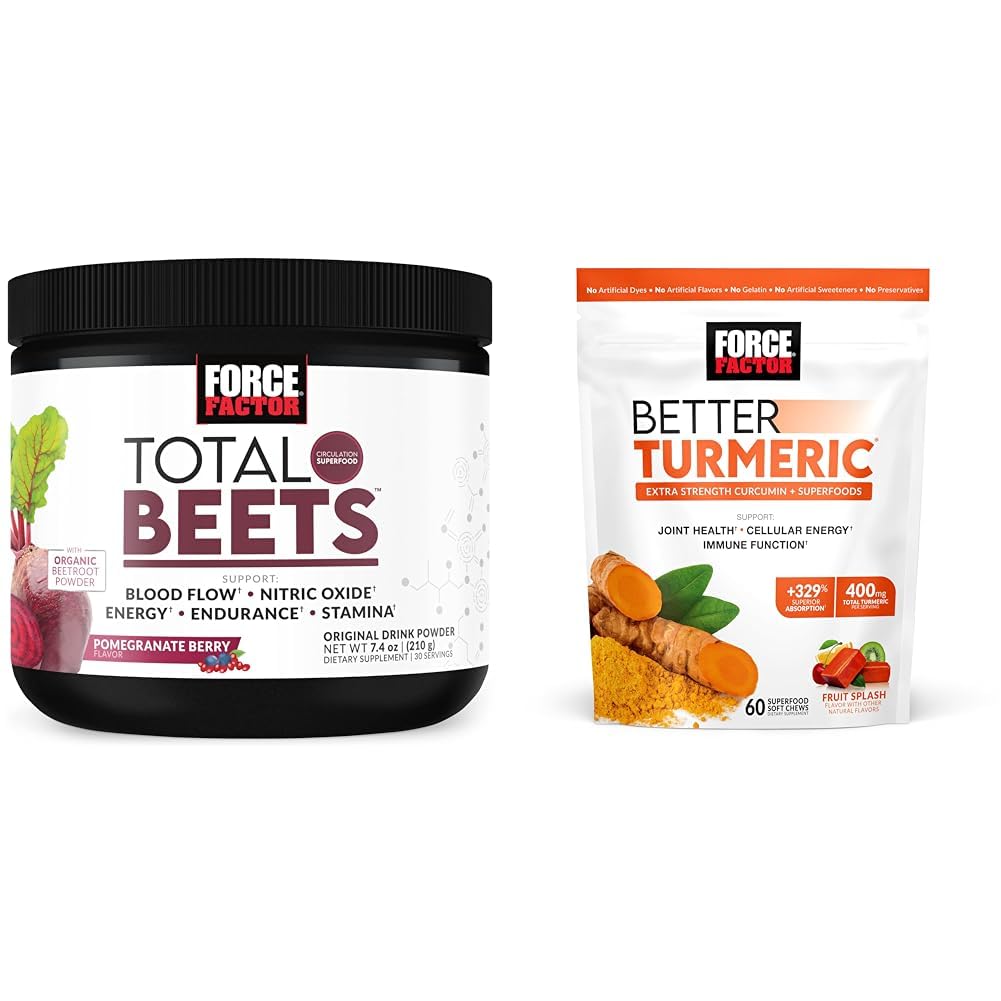 Factor de fuerza Total Beets Nitric Oxide Powder for Circulation and Joint Support Chews with Turmeric Curcumin for Extra Strength
