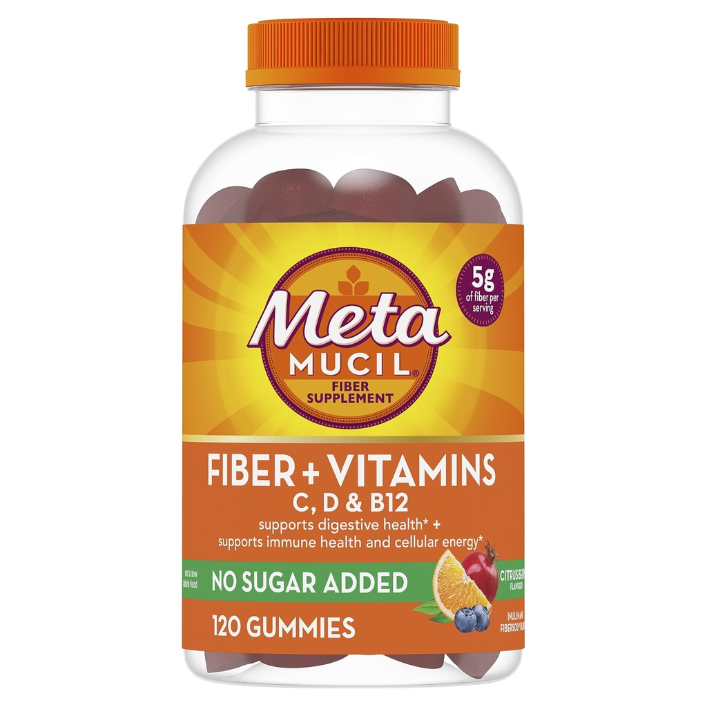 Mangas de fibra de metamucil para adultos con vitaminas C, D, B12 para el metabolismo, No azúcar añadido sabor de baya de citrus, 5g Suplemento de fibra prebiótica de base vegetal Blend, 120 Con