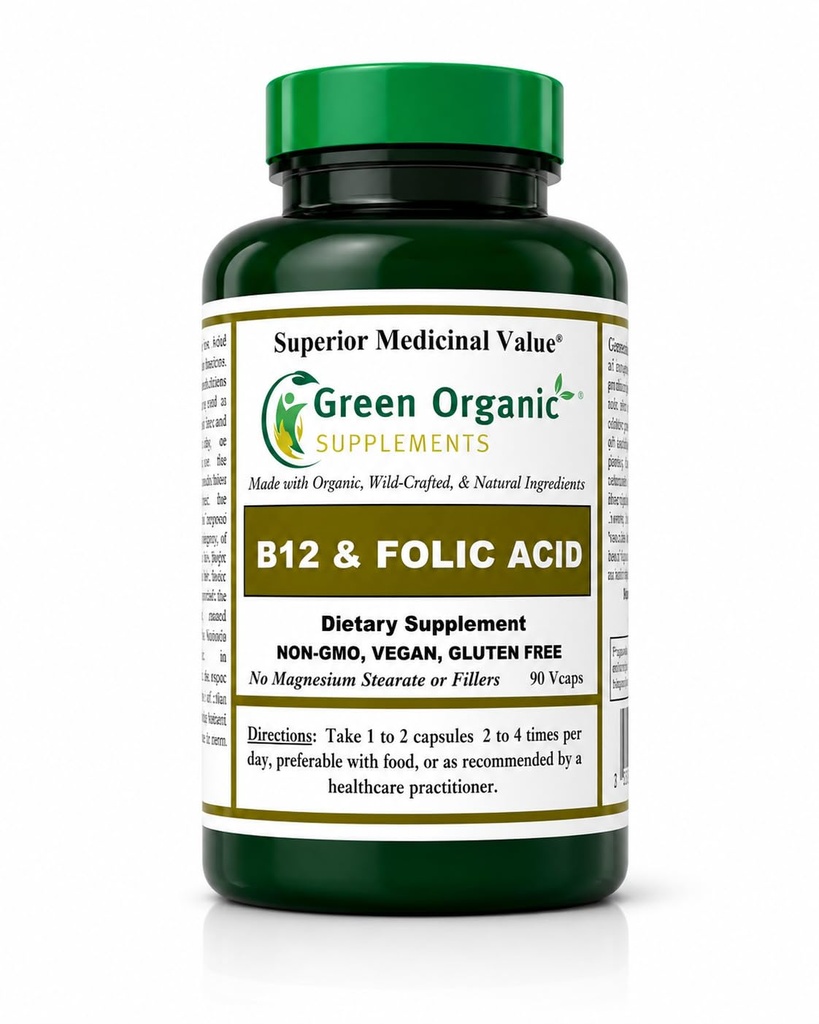 Suplementos Ecológicos Verdes (Pack-1) Vitamina B12 &amp; Ácido Fólico, 1000mcg, 90 VCaps, Hecho a mano, Vegan, No GMO, soporta el funcionamiento del sistema nervioso, y la integridad de la piel, el cabello y el hígado
