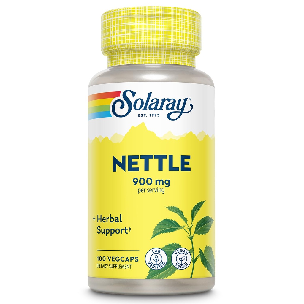 SOLARAY Nettle 900 mg - Suplemento de Hoja Orgánica - Riñón, orina y apoyo a la próstata - Uso Tradicional para la respuesta a la alergia y bienestar respiratorio - Vegan - 50 Servimientos, 100 VegCaps