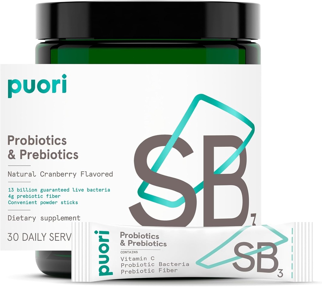 Probióticos y prebióticos Puori Suplemento dietético - 13 billón CFU x 30 Servimientos - Apoyo Salud Inmune y Digestiva - Fibra 4g, Vitamina C 200mg - SB3 Bifidobacterium, Lactobacillus Fermentum