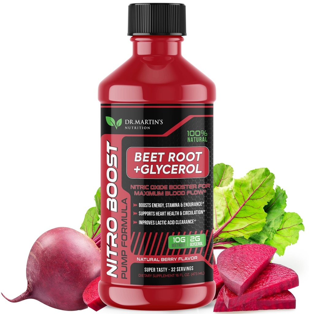 DR. MARTIN'S NUTRITION NitroBeet 12,000mg Beet Root + Glycerol para Flujo de Sangre, Bombas " Endurance ← Apoya la Salud del Corazón " Circulación ← Suplemento Natural Beetroot para Hombres " Mujeres