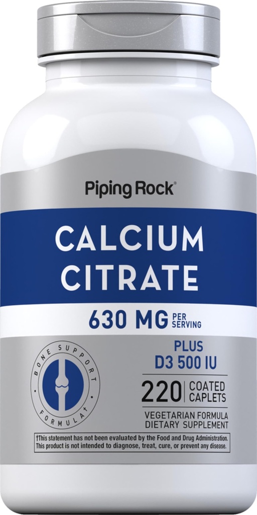 Piping Rock Calcium Citrate with Vitamin D3 TEN 630 mg ANTE 220 Caplets tención Suplemento para Mujeres y Hombres Silencio Vegetariano, No GMO, Gluten Free