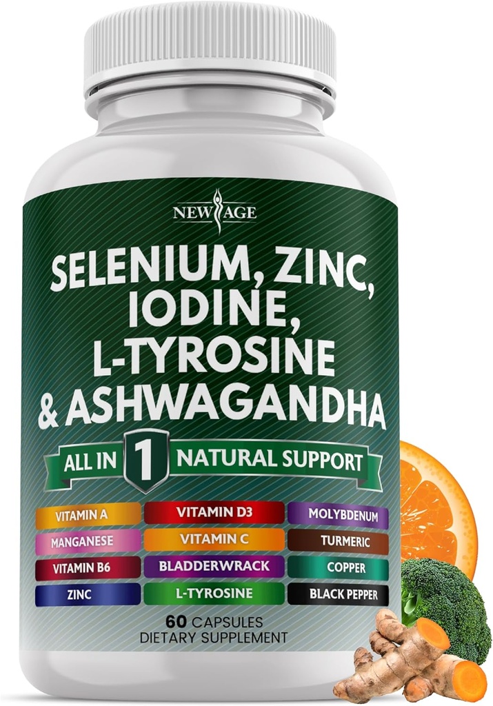 Selenium, Zinc, Iodine, L Tyrosine, Ashwagandha - Suplemento de apoyo para Mujeres y Hombres con Bladderwrack, Turmeric, Silica Kelp, Schisandra - 60 Conde
