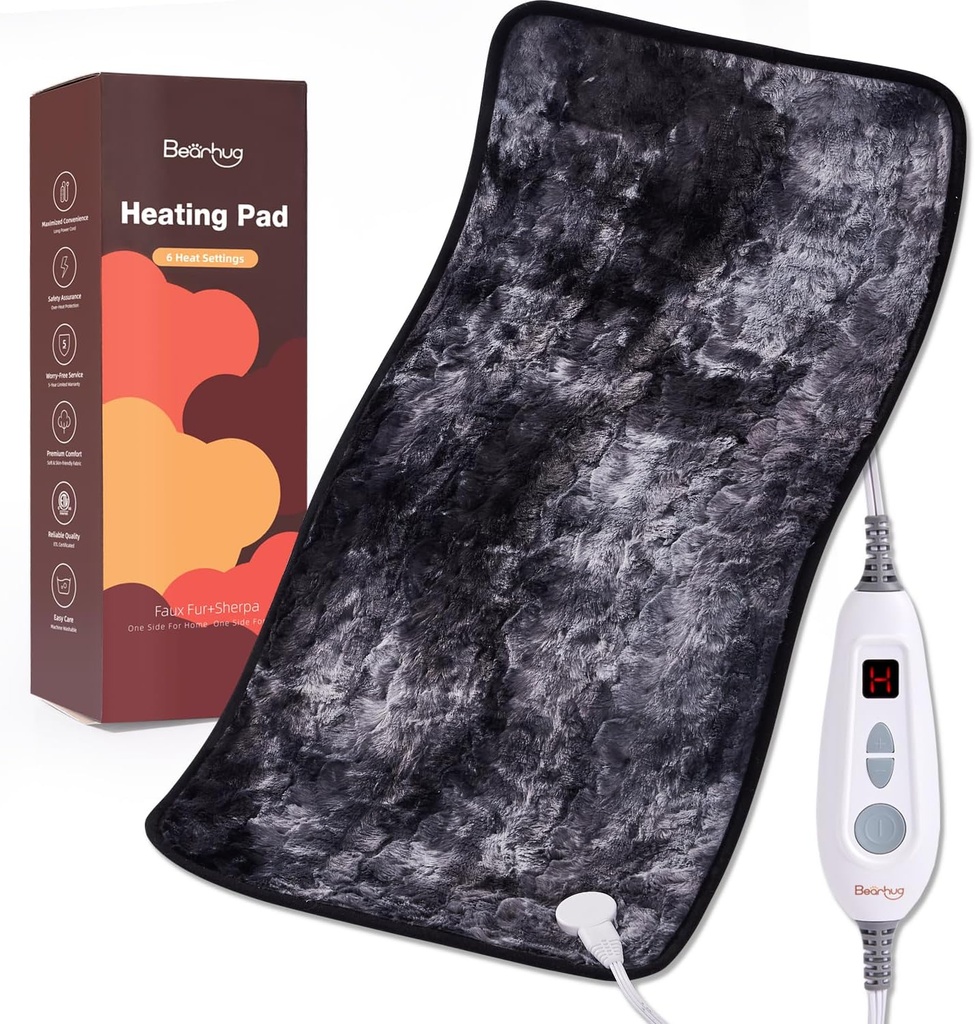 Bearhug XXL Electric Heated Pad 17''x33'' Double-Sided Faux Fur Heating Pad, 6 Niveles de calor, 2-Hour Auto-Off, Moist " Dry Heat Therapy for Back Pain Relief, Machine Washable, ETL Certified - Gift Box