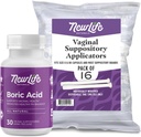 NewLife Naturals Boric Acid Vaginal Suppositories 600mg (30 Pack) con 16 Aplicadores - para pH Balance, Salud Femenina y Bienestar Intimado - Made in USA