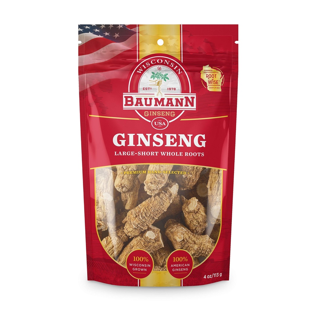 Baumann Wisconsin Ginseng Botas enteras - Gran Corto (4 oz.) - 100% Natural Wisconsin Grown Panax Ginseng Herb - Ginseng americano puro seco con Ginsenosides antioxidantes para el enfoque mejorado &amp; energía