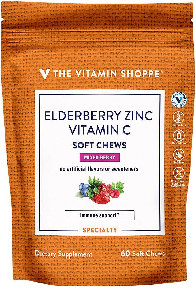 Elderberry, Zinc & Vitamin C Soft Chews - Soporte inmunitario - Berry mixto (60 cerdas blandas)