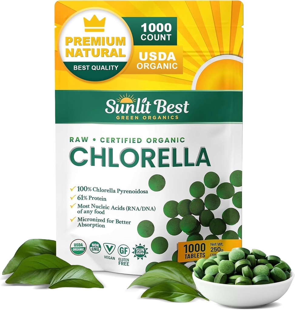 Sunlit Best USDA Premium Clorella Tablets orgánicos 1000 Conde tención 100% Pura Clorella Superalimentos Suplemento Alto en Proteína, Clorofila, Vitaminas, " Minerales " soporta buena salud, bienestar
