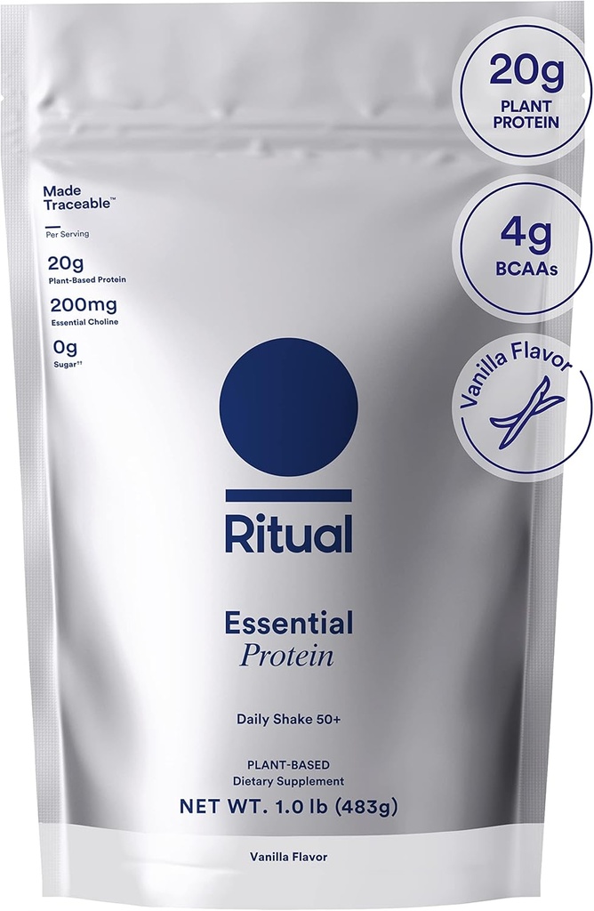 Polvo de proteína vegana Ritual 50+ con BCAA: 20g Proteína de guisantes orgánicos de granjas regenerativas en EE.UU., vainilla rota a mano, 3er partido testado, libre de gluten, libre de lácteos, no transgénico, 1 libras