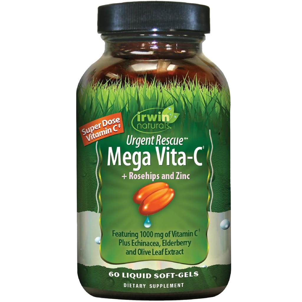 Irwin Naturals Rescate Urgente Mega Vita-C - 60 Softgel líquido - 1.000 mg de Vitamina C - Suplemento de Apoyo Inmunitario con Rosehips y Zinc