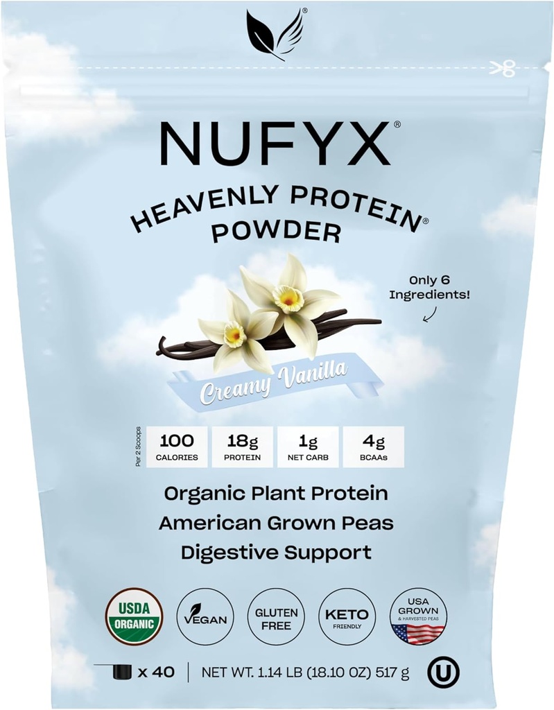 NUFYX® • Pólvora Skyly Protein® • Pétalos cultivados 100% orgánicos del mundo • Vegan • Gluten Gratis • Baja Carb (Creamy Vanilla, 40 Scoops)