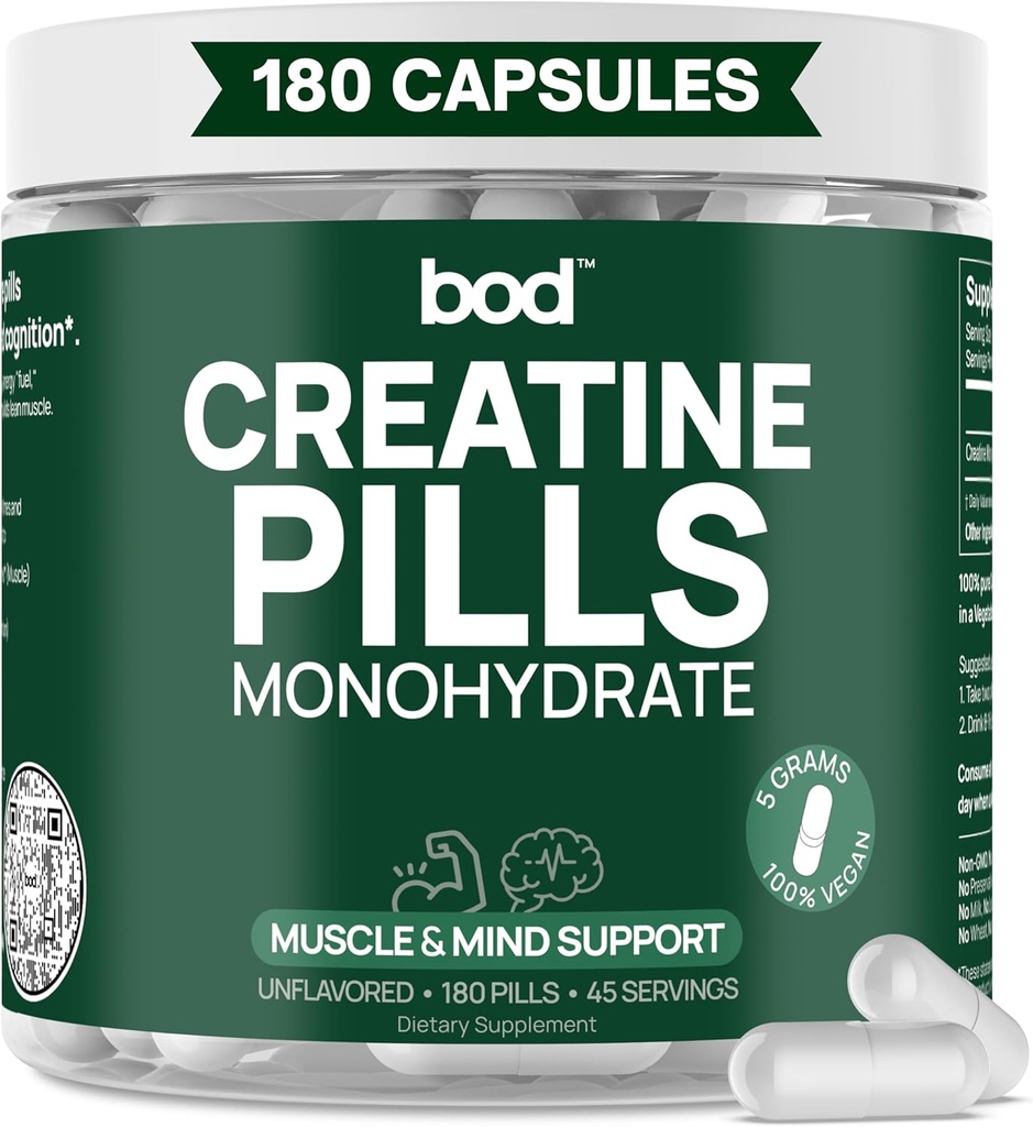 Goba Tea BOD Creatine Monohydrate Pills for Muscle Support, Vegan Pre o Post-Workout Creatine Capsules for Women and Men, 5g Micronized & Instantized, Creatina Monohidratada, 180 cápsulas