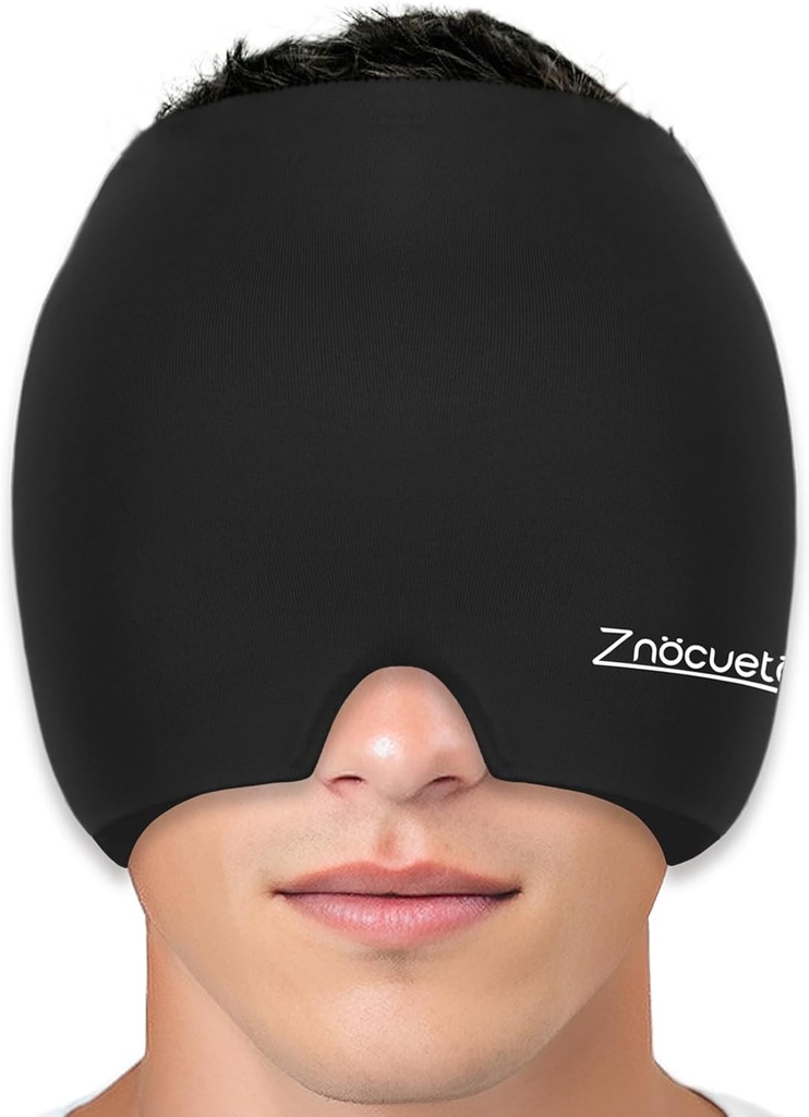 ZNÖCUETÖD Migraine Headache Relief Cap Hat Full Head Ice Pack Wrap Cooling Gel Ice Beanie Hot/Cold Compression Cap for Sinus, Stress, Hangover Headache Pain Relief - Reutilizable Hombre Mujer, Negro, Tamaño M