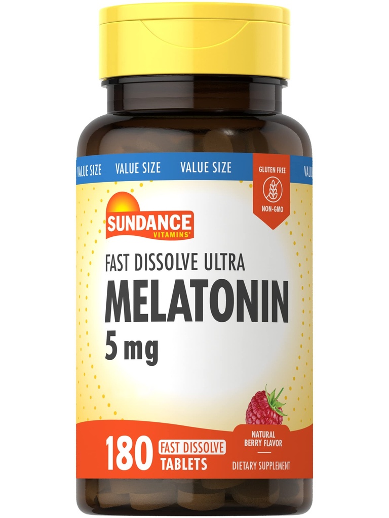Sundance Melatonin 5mg Tablets ← 180 Vegetarian Count ← Fast Dissolve ← Natural Berry Flavor ¦ Vegetarian, Non-GMO y Gluten Free Supplement