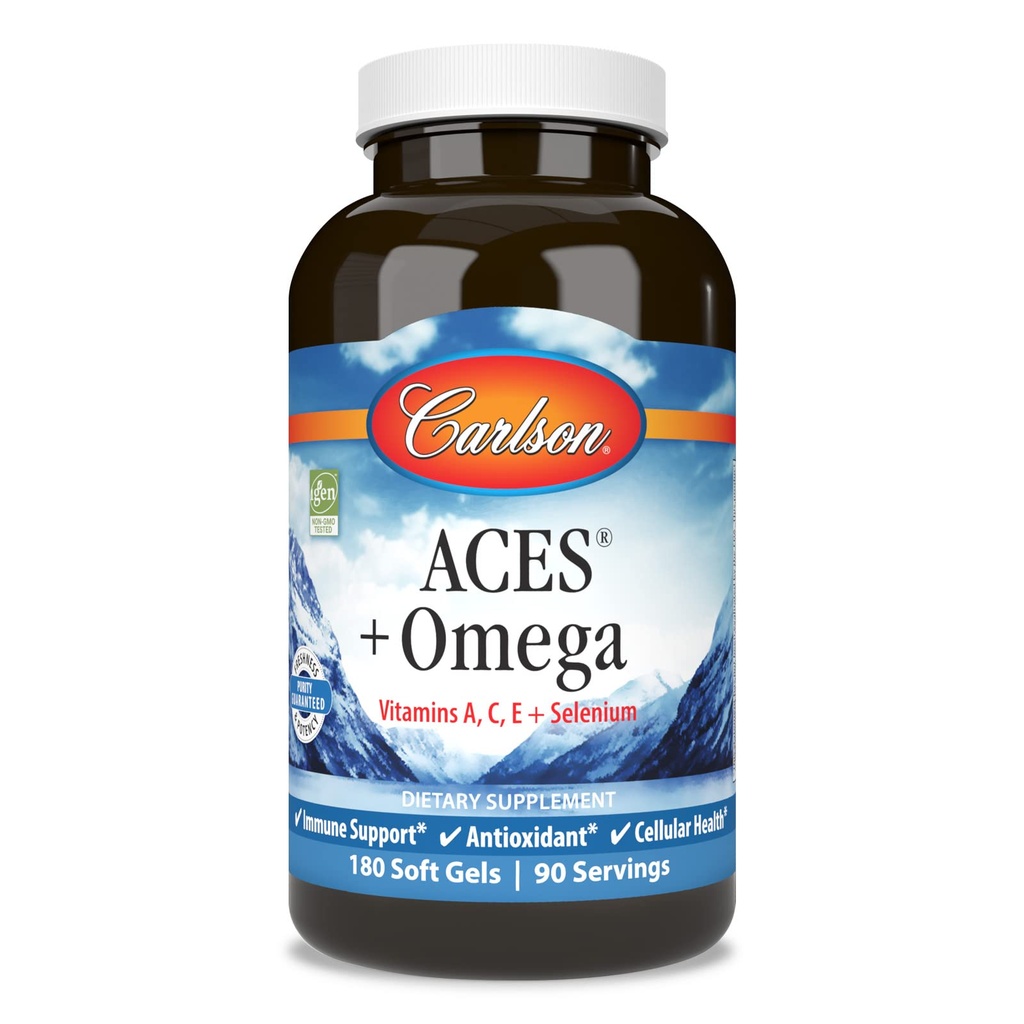 Carlson - ACES + Omega, Vitaminas A, C, E &amp; Selenium + Omega-3s EPA y DHA, Health Support, 180 Softgels