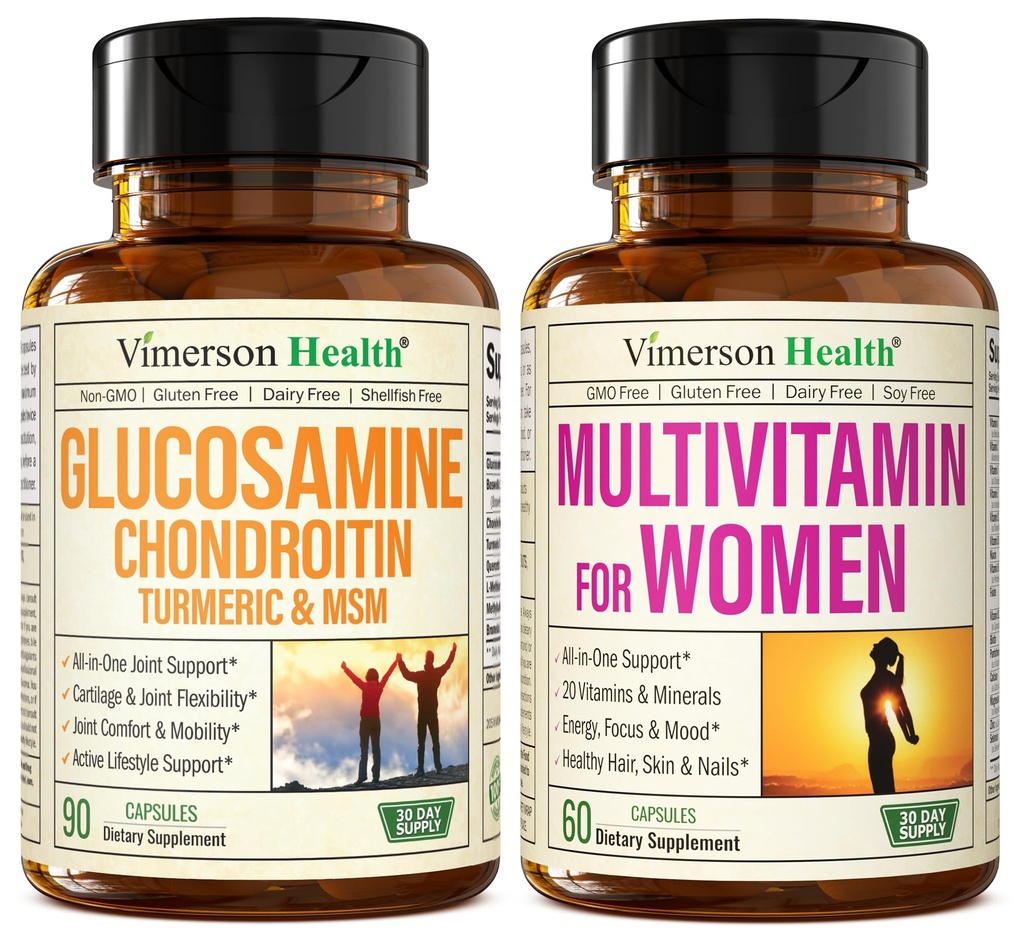 Glucosamine Chondroitin Turmeric + Multivitamínico para Mujeres 2-Bottle Suplemento Bundle para Ella. Respuesta saludable de inmuno, soporte conjunto, propiedades antioxidantes