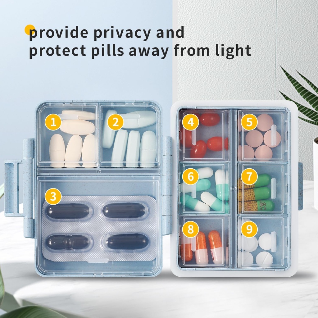 2 Pack 9 Compartimientos Moisture caja de organizador de píldoras de viaje Proof Small Pill Case for Pocket Purse Daily Pill Holder Container for Medicine Vitami