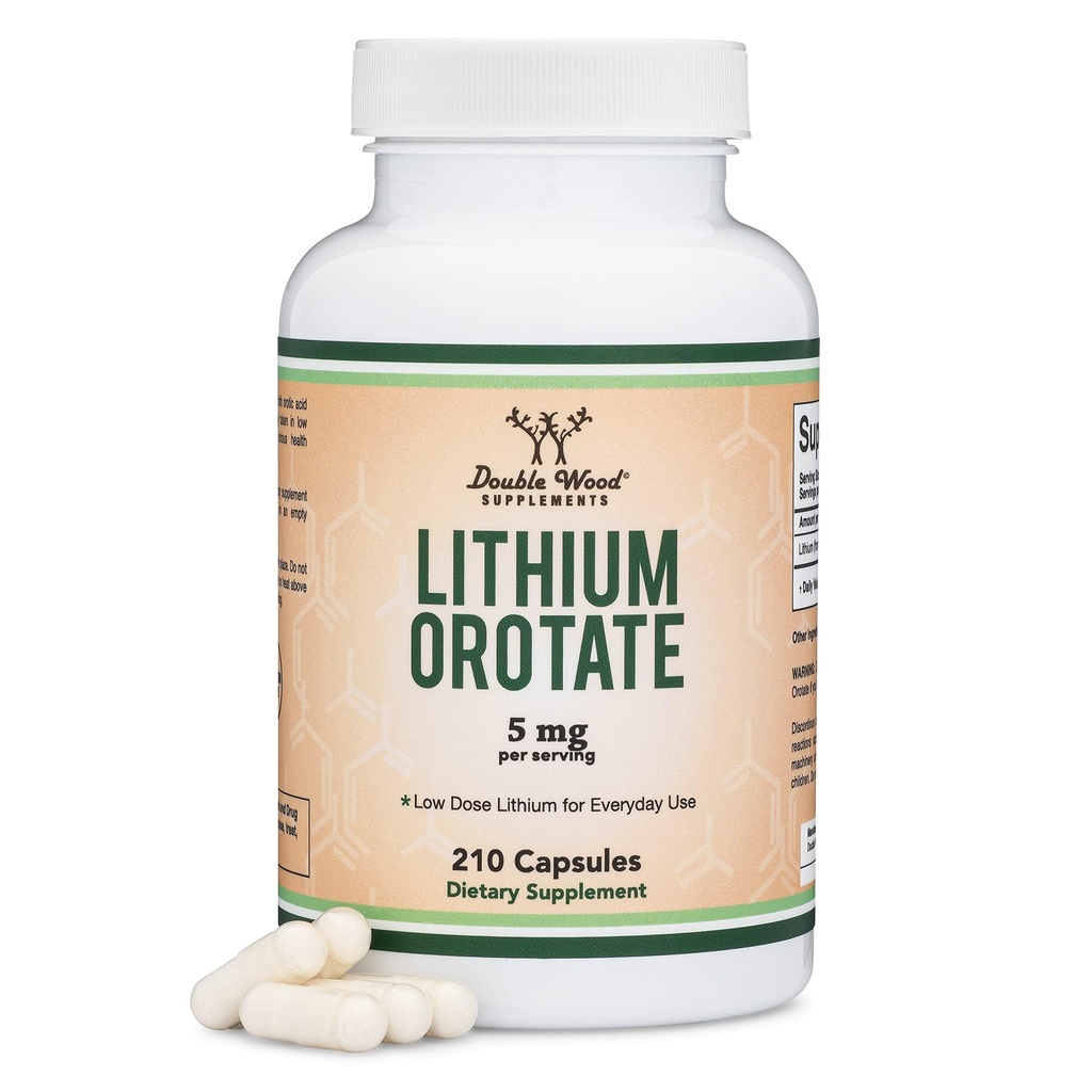 Litio Orotate 5 mg de Litio Elemental para Cognición y Salud Cerebro, 210 cápsulas (Tercera Parte Probada, Segura Vegana, No GMO) por Suplementos de Madera Doble