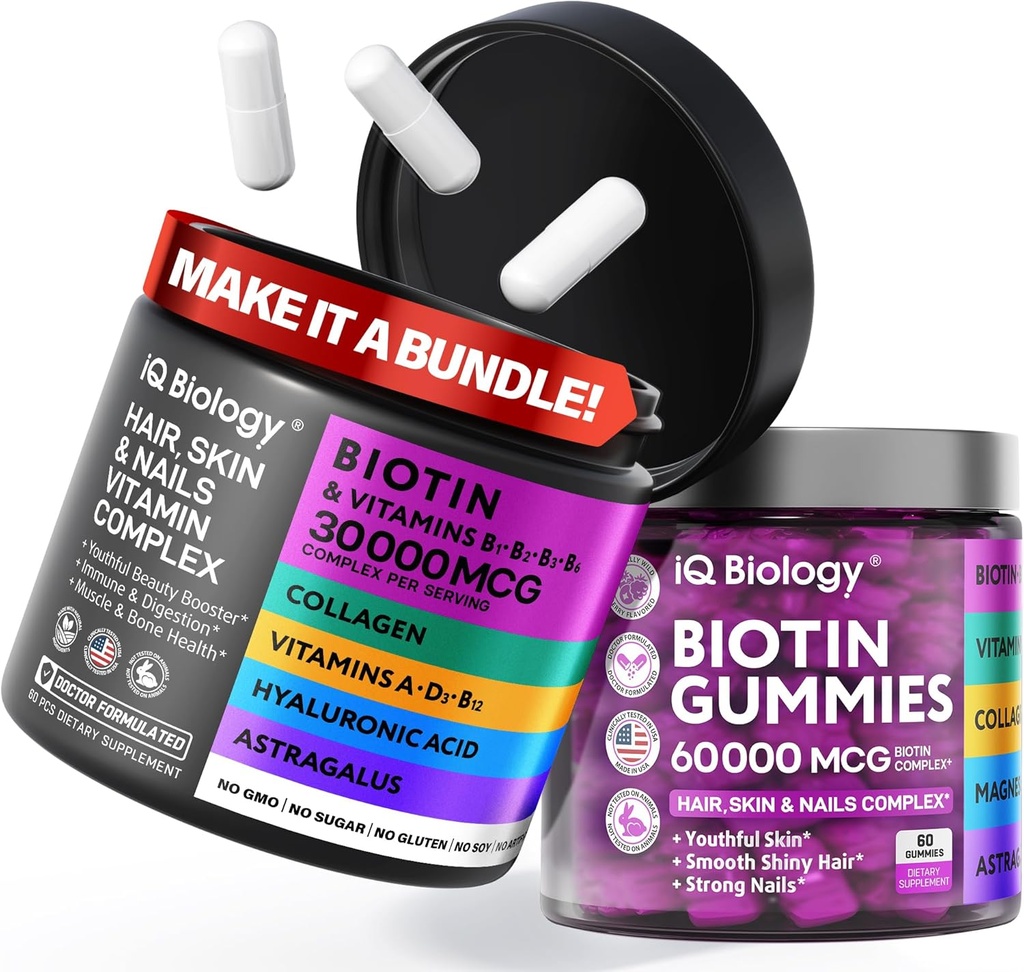 Biotin Hair Growth Bundle - Biotin Vitamins & Keratin Capsules + Peluquería Gummies con Collagen & Astragalus - Peluquería de uñas Vitaminas para Mujeres y Hombres ← 60 Caps + 60 Gummies